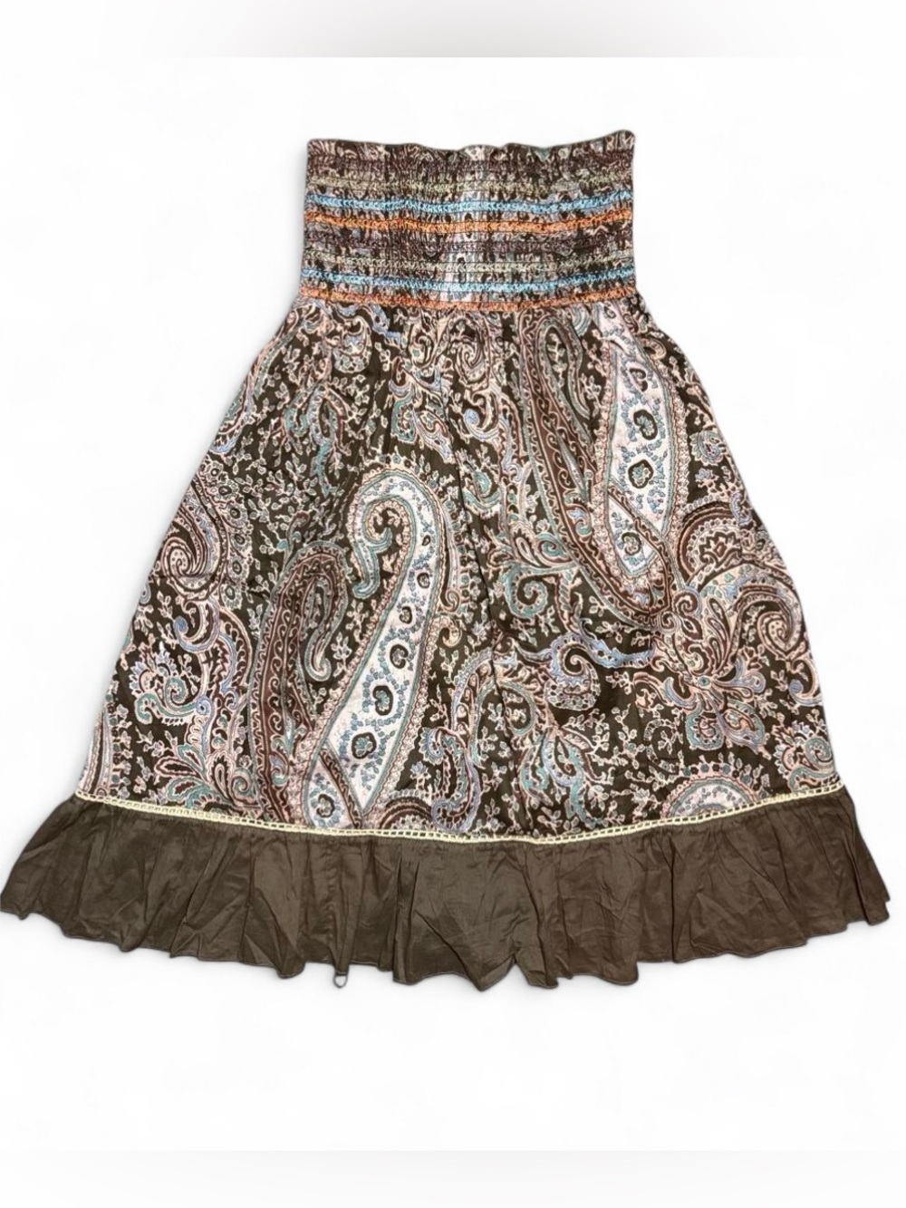 Y2K Paisley Boho Midi Skirt Brown Blue Orange Smocked Dress Western Festival - M - Picture 2 of 8
